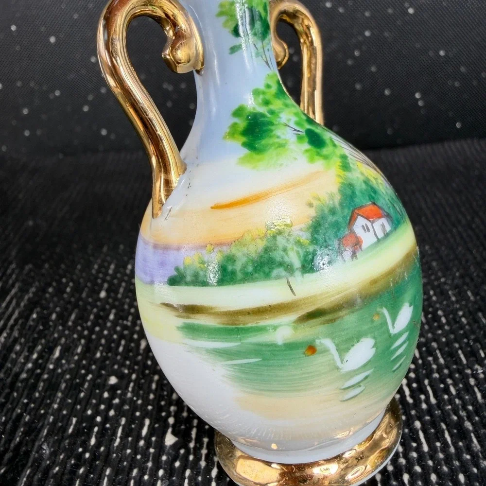Vintage German Porcelain Miniature Bud Vase Hand Painted Swan Landscape Gold